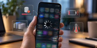 Телефон почав гальмувати? 7 причин, про які ви не знали Смартфон із завислим екраном у руках користувача, ілюстрація проблем повільної роботи мобільних пристроїв.