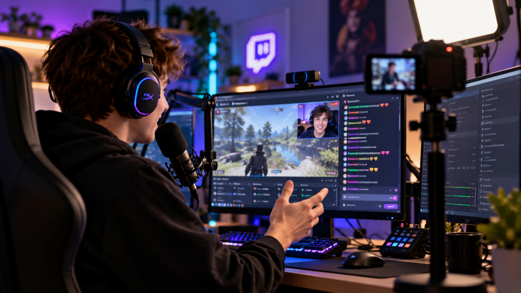 Streamer’s studio A young streamer wearing headphones is live-streaming from his computer
