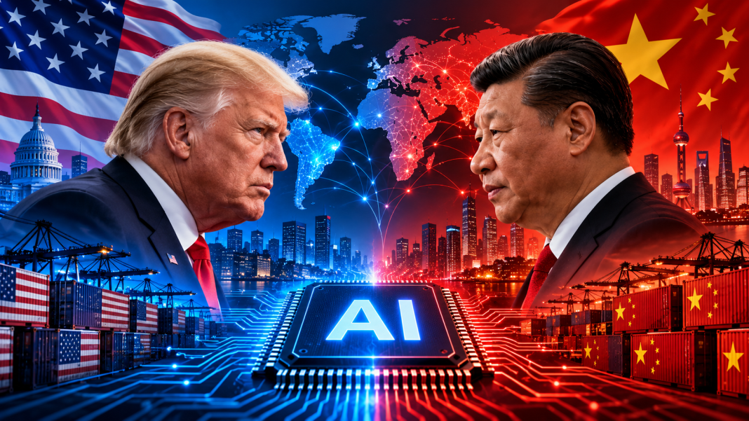 Donald Trump and Xi Jinping against a backdrop of the US and Chinese flags, a world map and an AI microchip — a symbol of technological rivalry