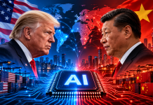 Donald Trump and Xi Jinping against a backdrop of the US and Chinese flags, a world map and an AI microchip — a symbol of technological rivalry