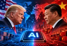 Дональд Трамп і Сі Цзіньпін на тлі прапорів США та Китаю, світової карти й мікрочипа AI — символ технологічного суперництва