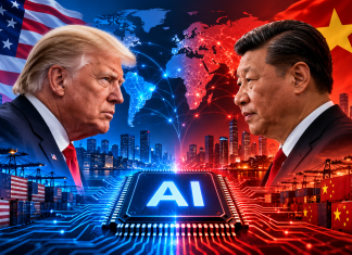 Donald Trump and Xi Jinping against a backdrop of the US and Chinese flags, a world map and an AI microchip — a symbol of technological rivalry