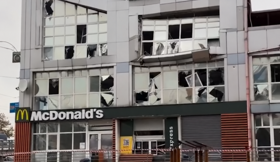 The McDonald’s façade A damaged building housing a McDonald’s restaurant in Shulyavka, Kyiv, following a Russian missile attack