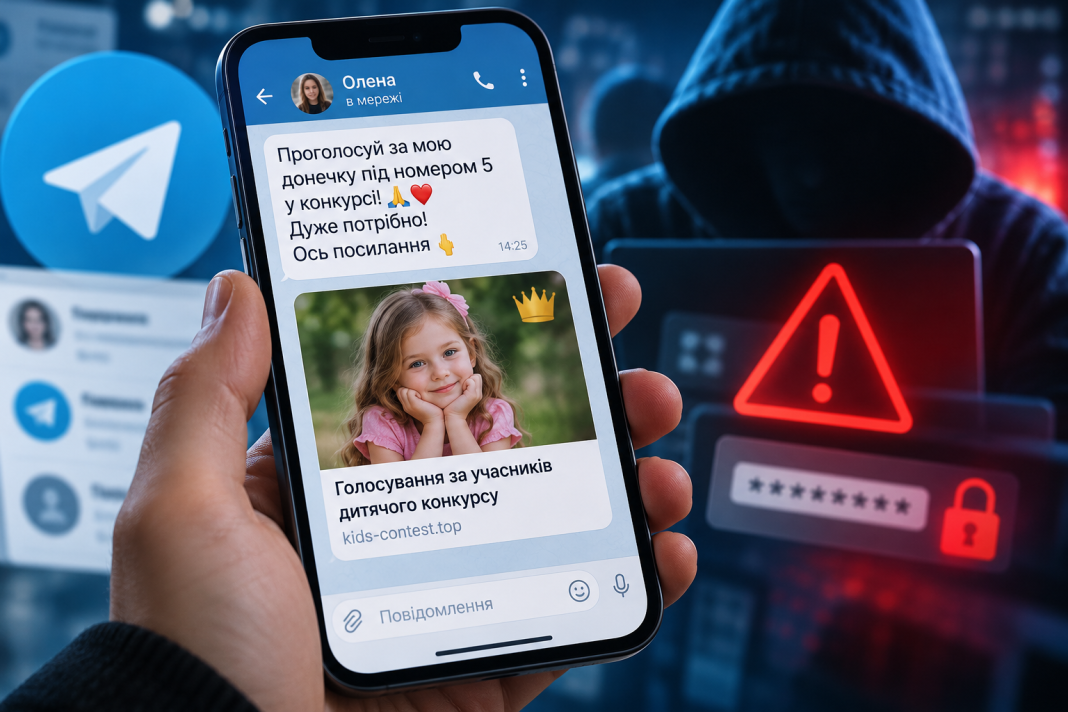A phishing message on Telegram A smartphone displaying a Telegram message about voting for a child, alongside a warning about a dangerous link and fraud.