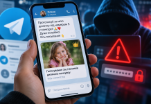 «Проголосуй за дитину»: як шахраї крадуть Telegram і гроші Смартфон із повідомленням у Telegram про голосування за дитину на тлі попередження про небезпечне посилання та шахрайство.