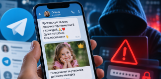 «Vote for a child»: how fraudsters steal Telegram accounts and money A smartphone displaying a Telegram message about voting for a child, alongside a warning about a dangerous link and fraud.