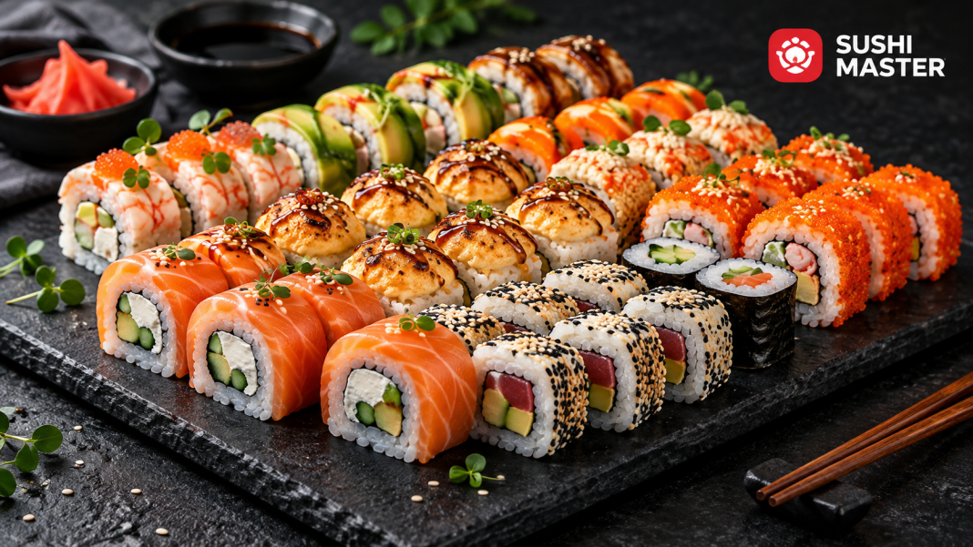 sushi set An assortment of sushi and rolls with salmon, prawns, caviar, vegetables and cream cheese — Sushi Master, Bila Tserkva.