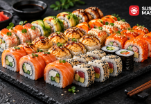 An assortment of sushi and rolls with salmon, prawns, caviar, vegetables and cream cheese — Sushi Master, Bila Tserkva.