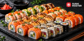 Sushi for a group: how to choose rolls that everyone will enjoy An assortment of sushi and rolls with salmon, prawns, caviar, vegetables and cream cheese — Sushi Master, Bila Tserkva.